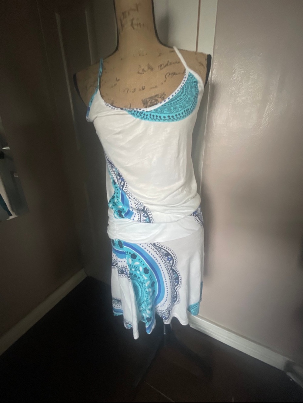 White and Turquoise Printed Skater Skirt — Women’s Circle Skirt